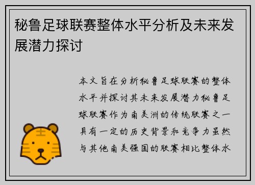 秘鲁足球联赛整体水平分析及未来发展潜力探讨